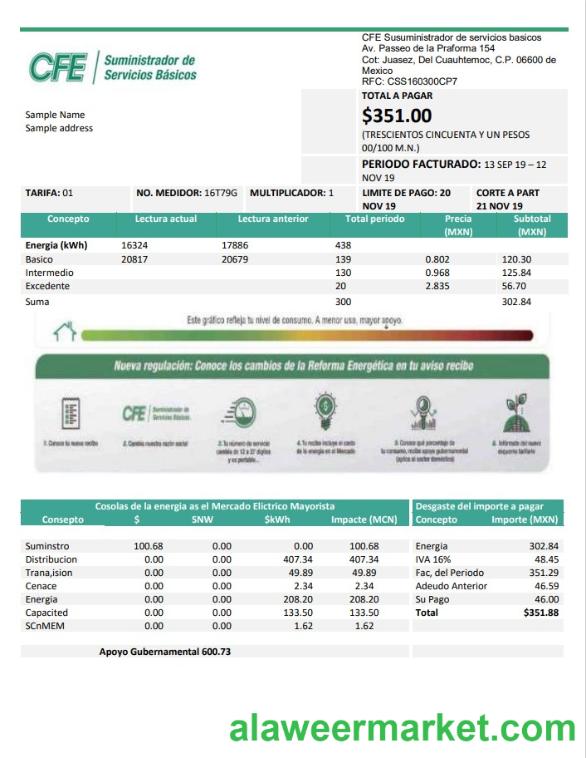 Mexico Electricity CFE utility bill template in Word and PDF format, fully editable